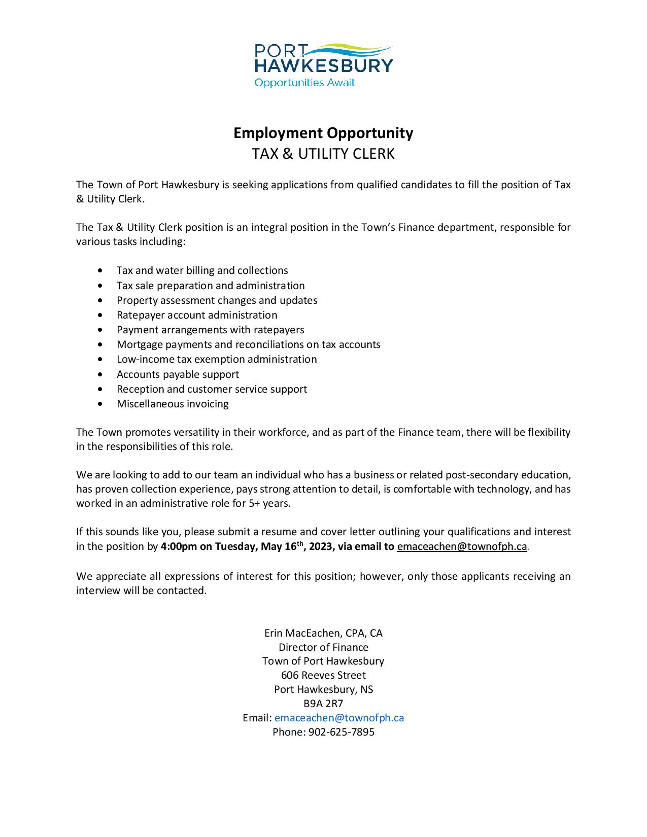 Employment Opportunity – Tax and Water Clerk