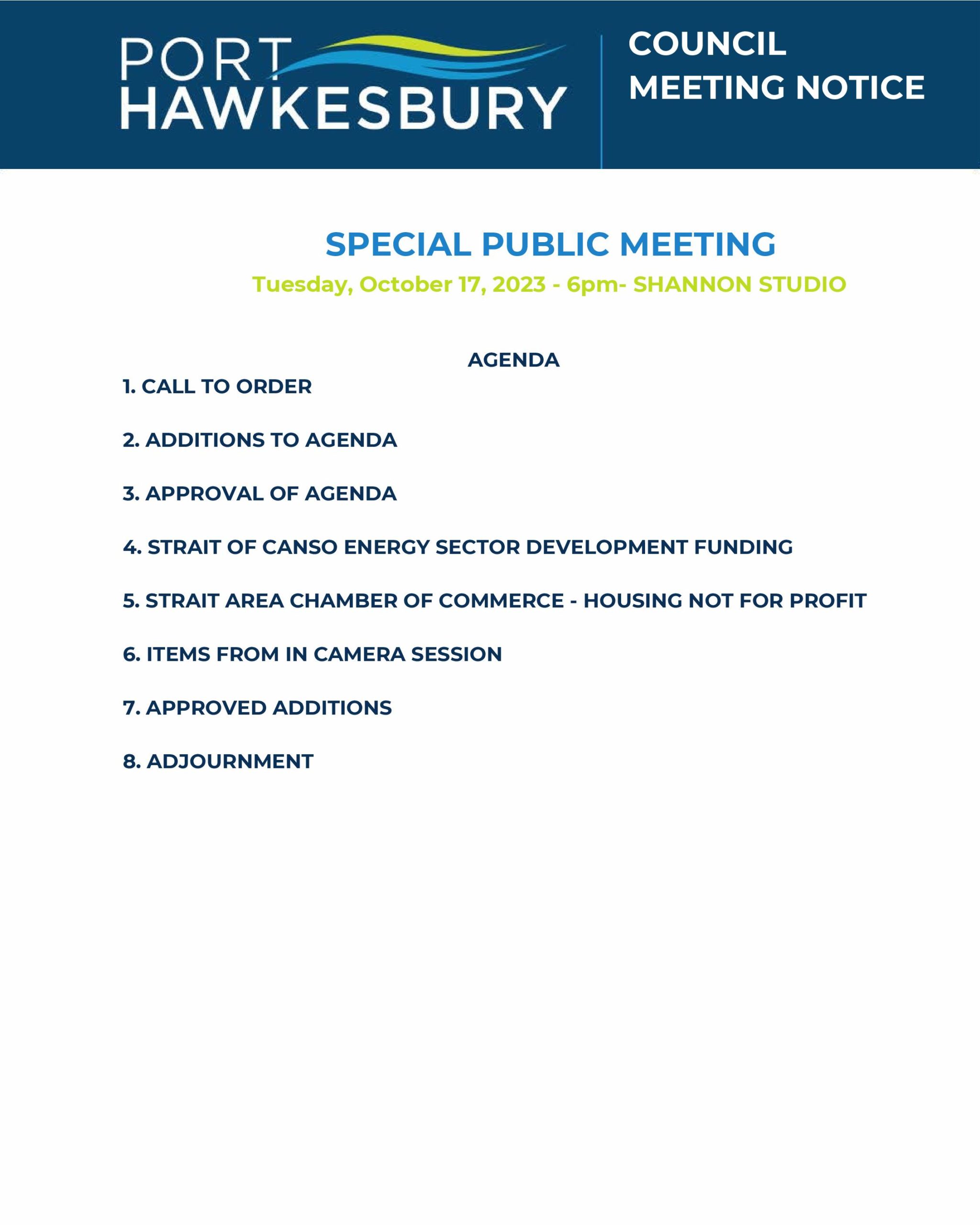 Special Public Meeting – October 17, 2023 – 6pm