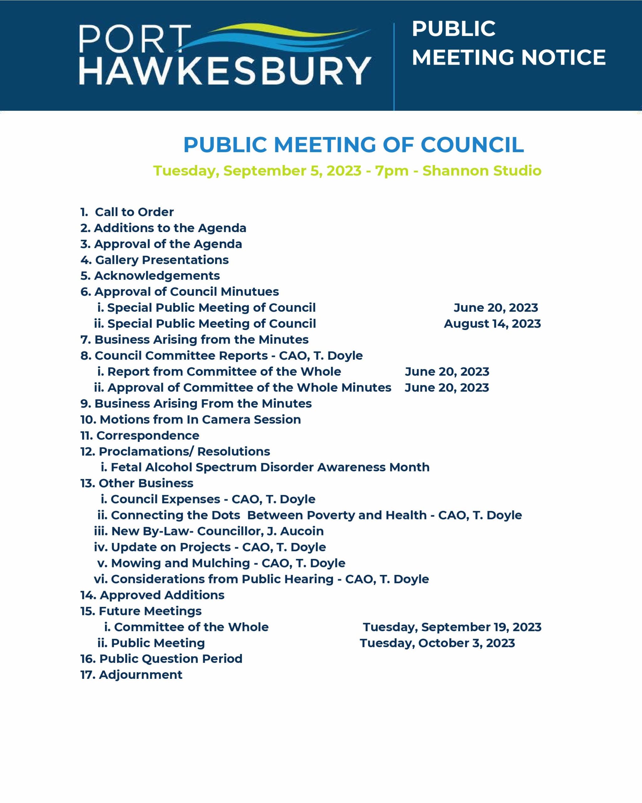 Public Meeting of Council – September 5, 2023