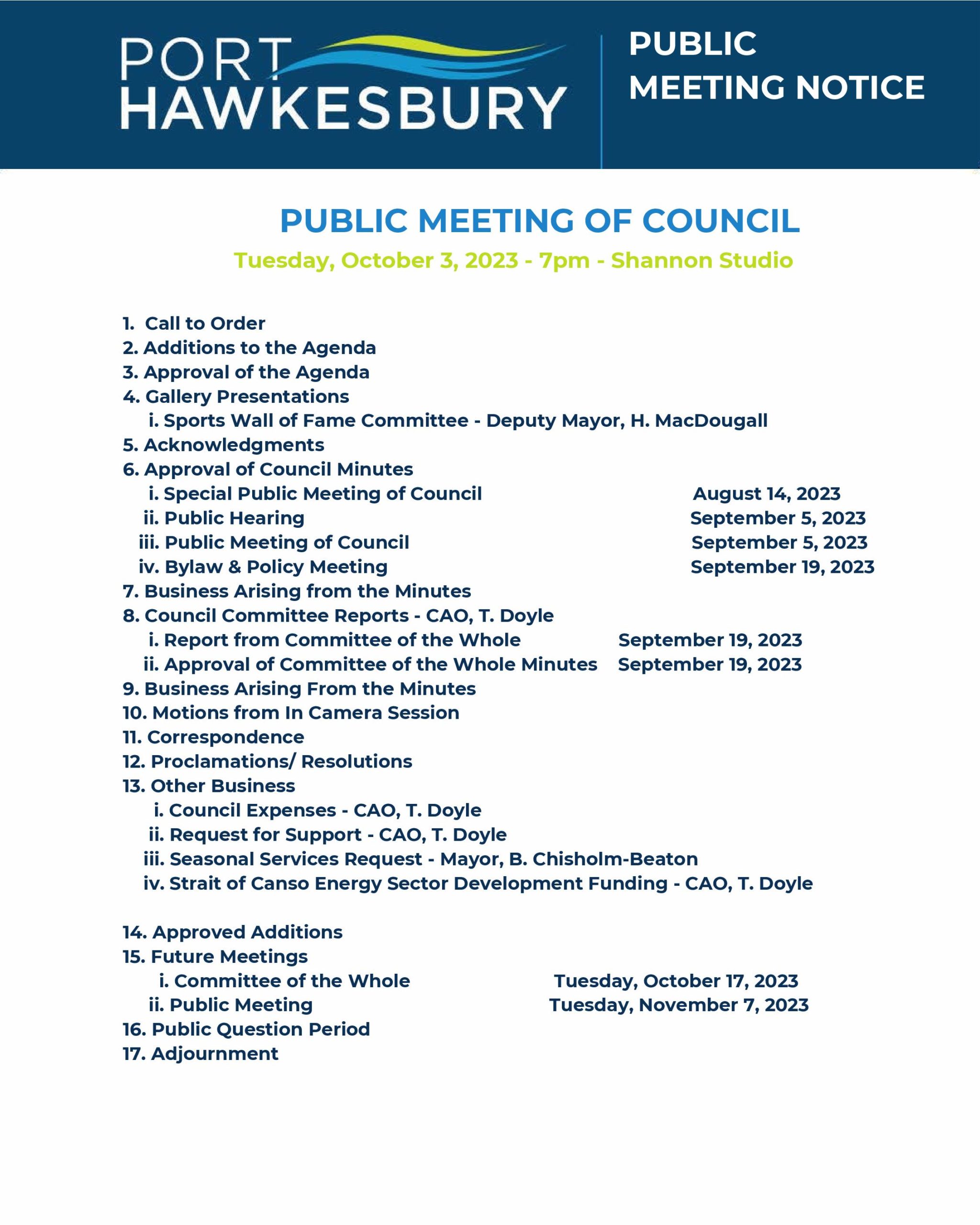 Public Meeting of Council – October 3, 2023