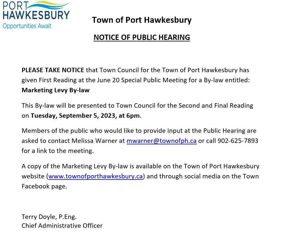 Notice of Public Hearing – Marketing Levy by-law