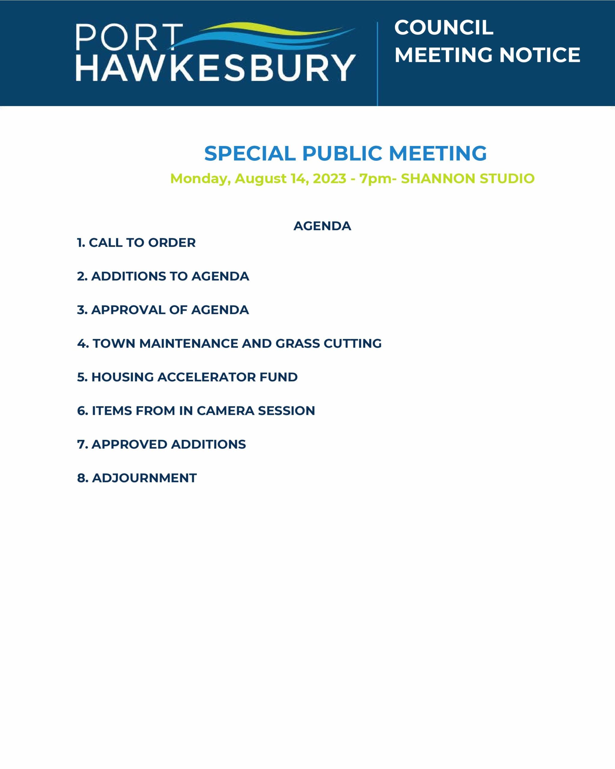 Special Public Meeting of Council Monday August 14 2023