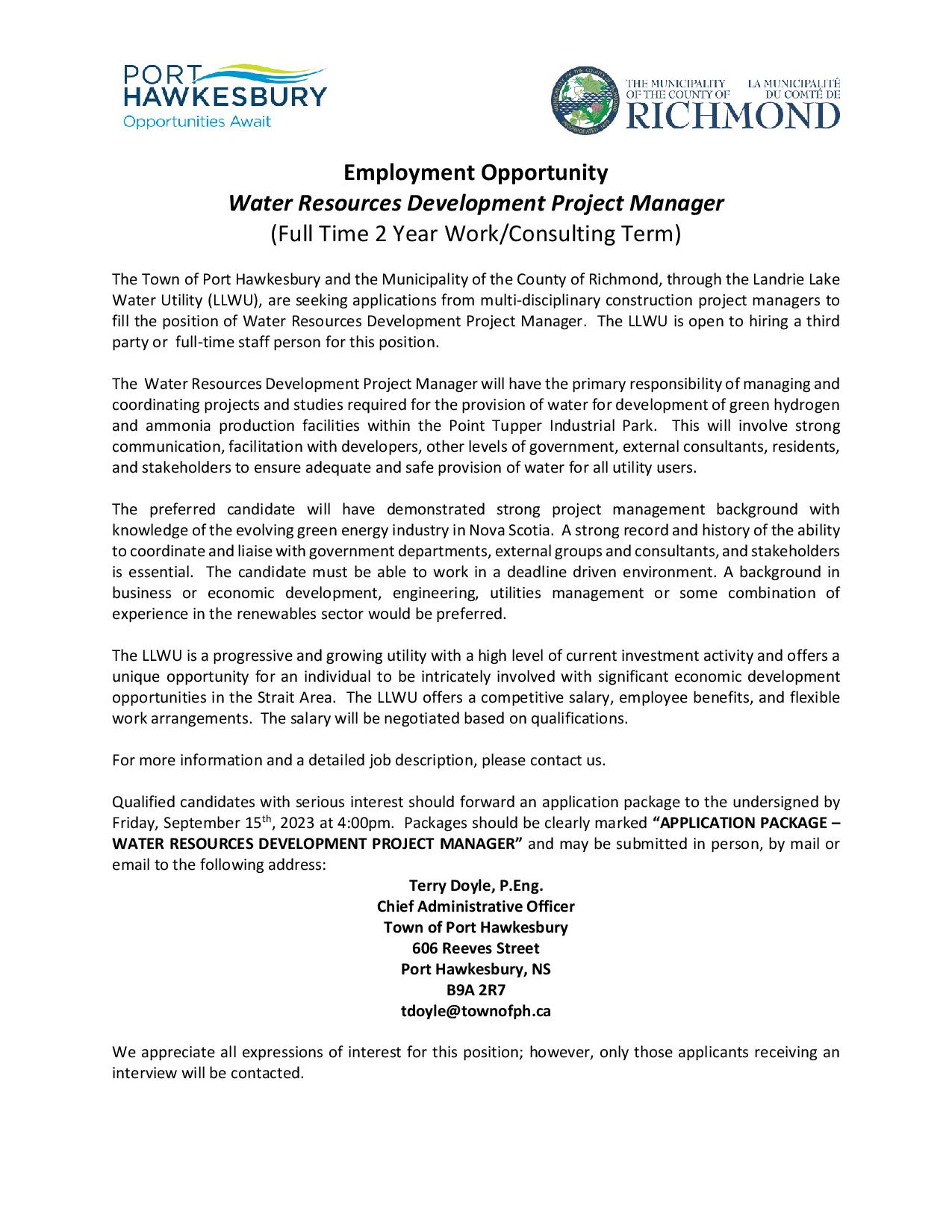 Employment Opportunity – Water Resources Development Project Manager