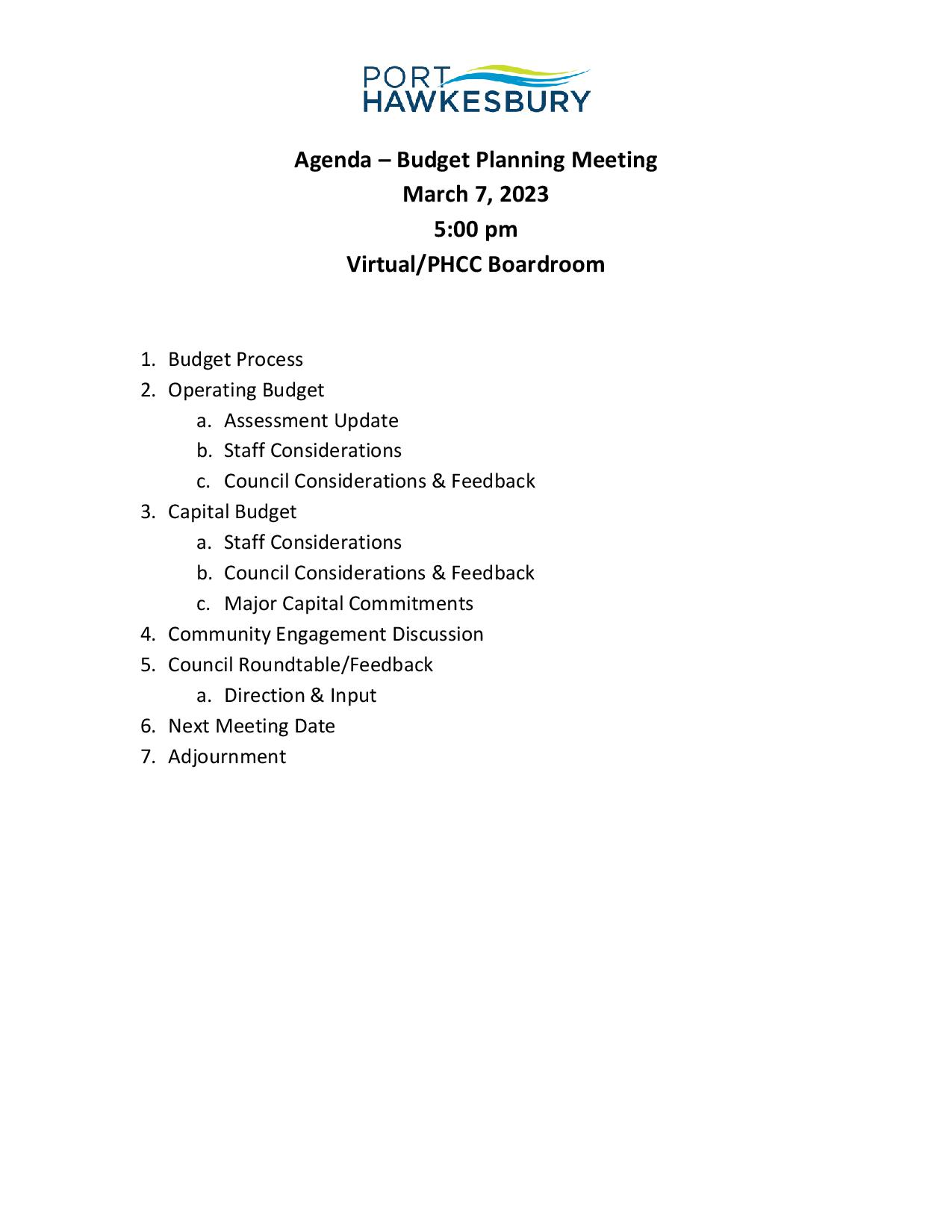 Budget Planning Meeting of Council – March 7, 2023