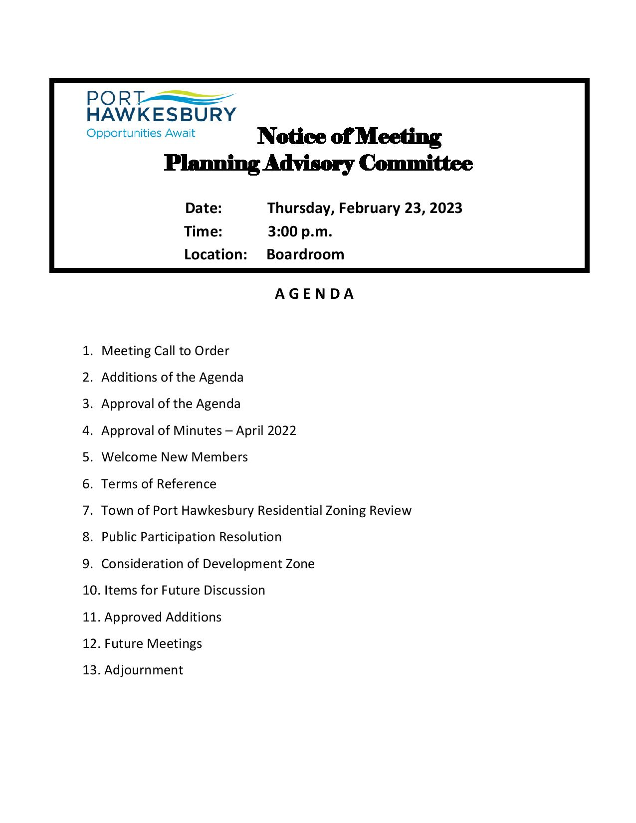 Planning Advisory Committee Meeting – February 23 2023