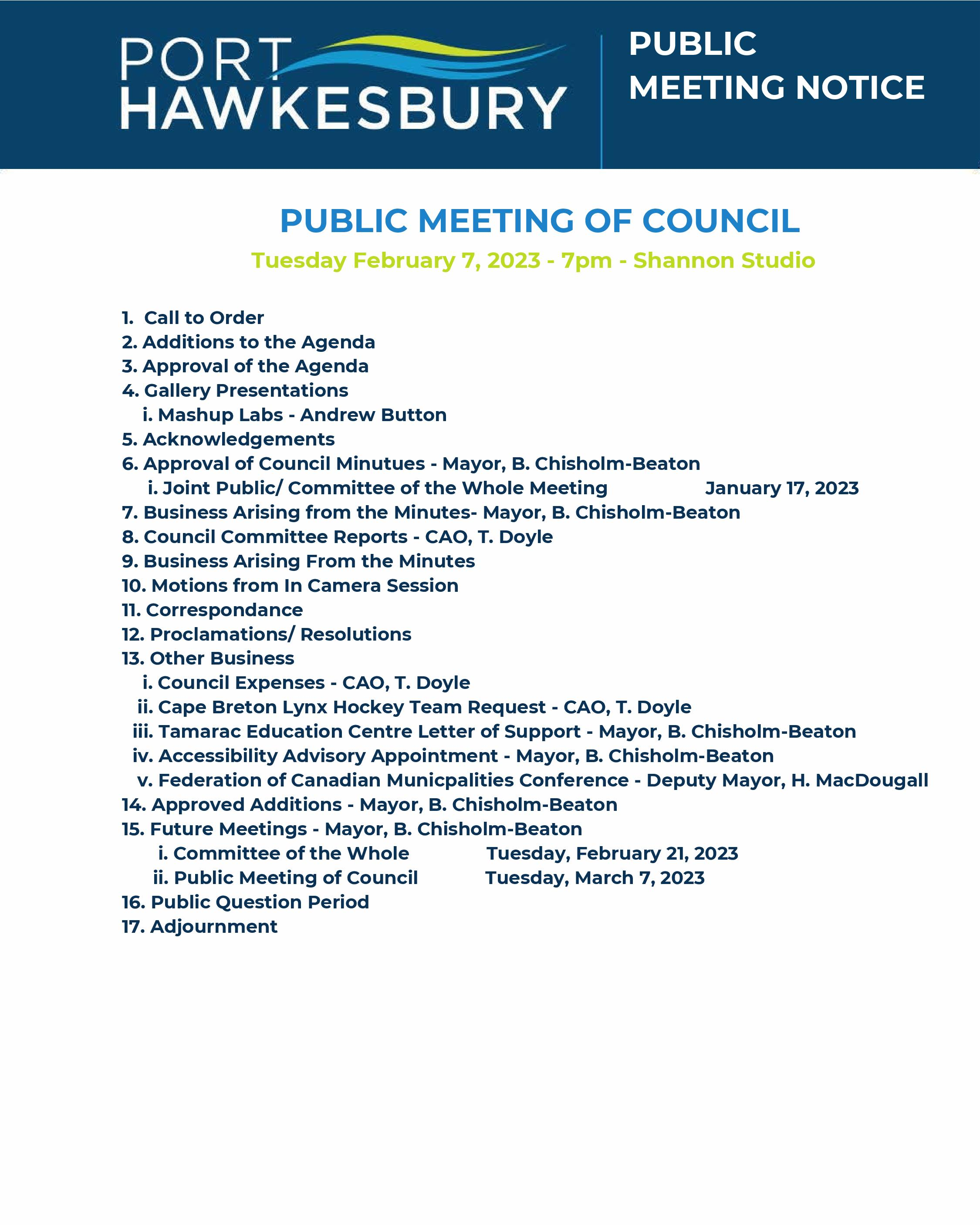Public Meeting of Council – February 7, 2023