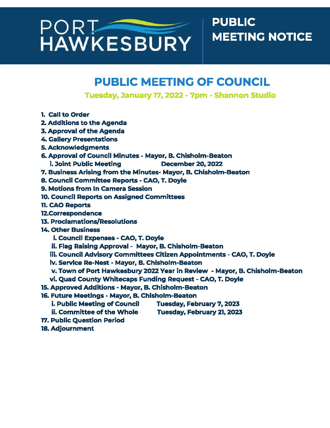 Joint Public Meeting of Council / Committee of the Whole – January 17, 2023