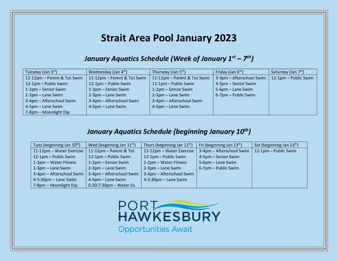 Pool Schedule – Jan. 2023