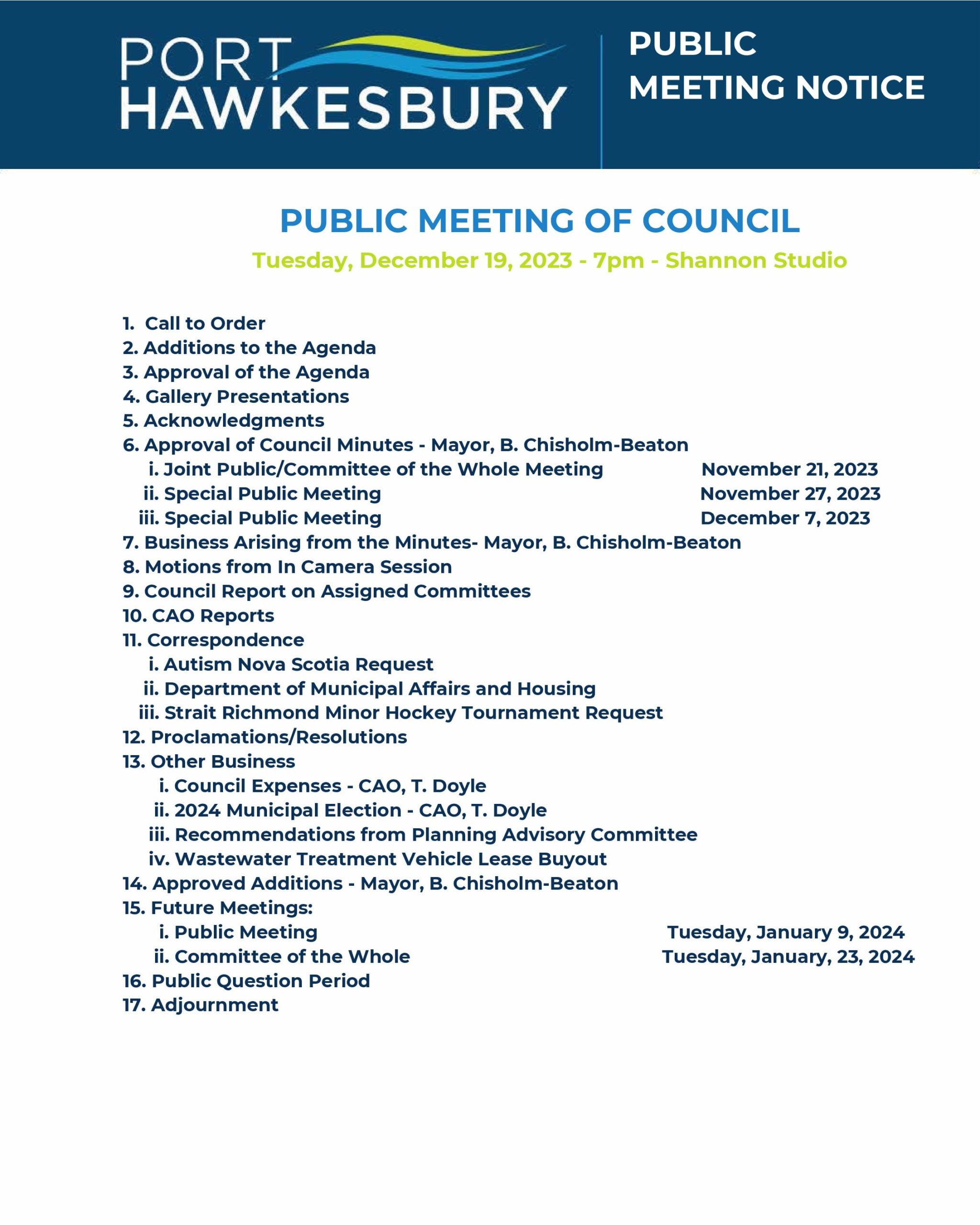 Joint Public Meeting of Council / Committee of the Whole – December 19, 2023